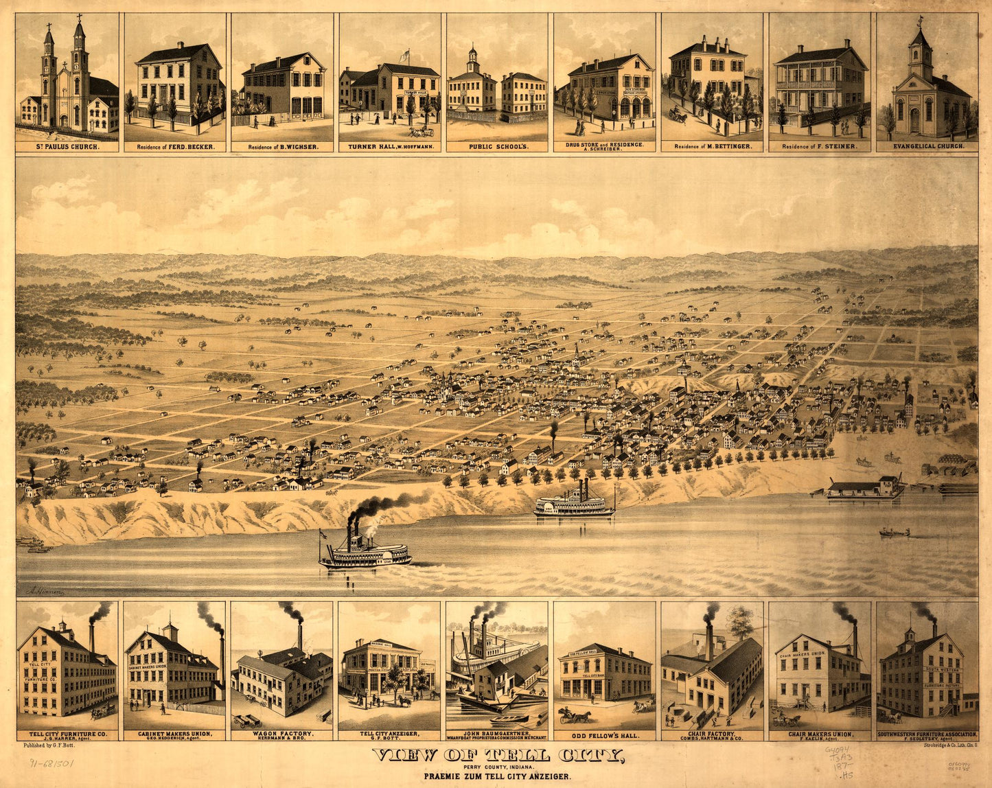 View of Tell City, Perry County, Indiana : Praemie zum Tell City Anzeiger (1870) – Historic Bird’s-Eye View Panorama Print