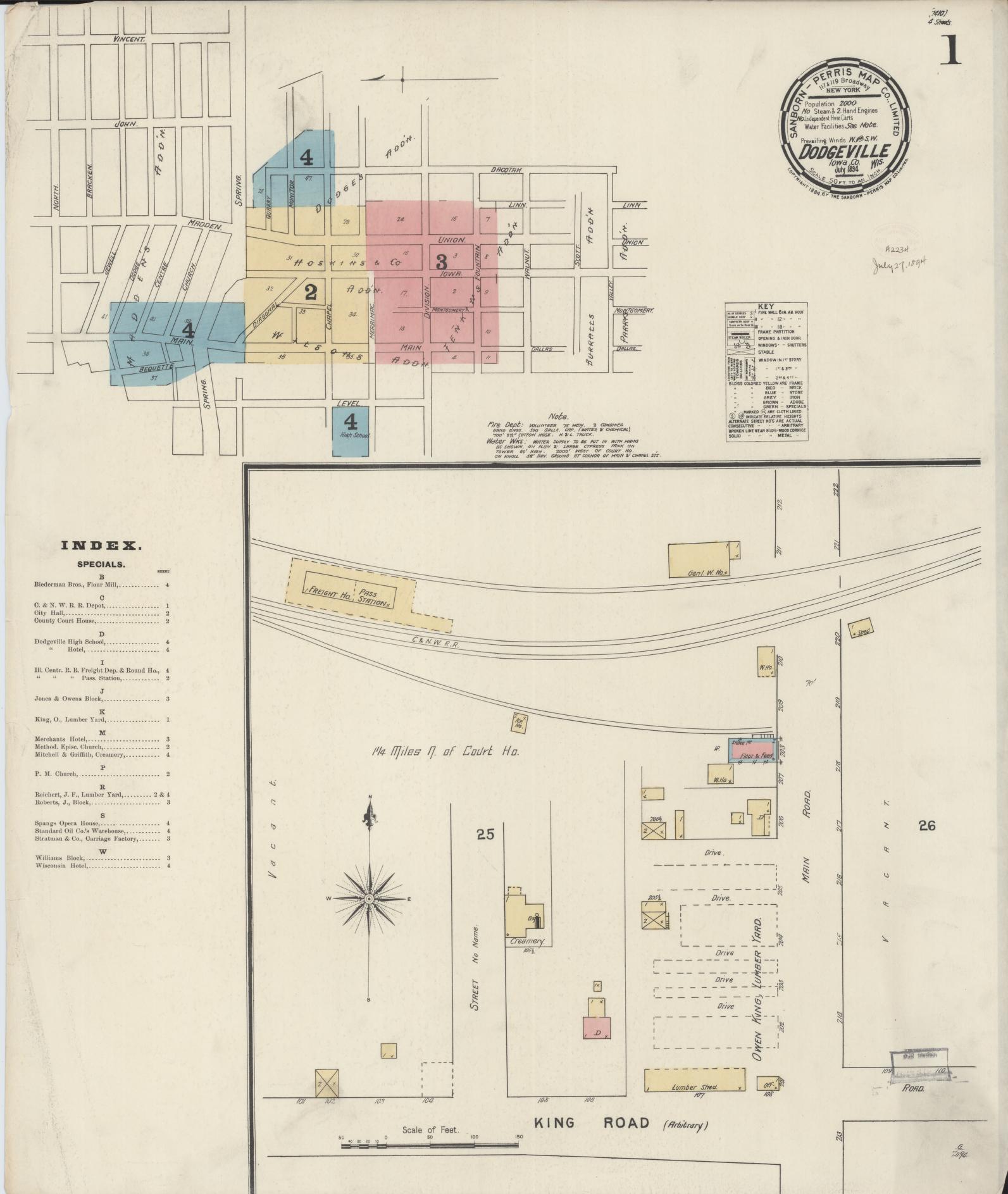 Sanborn Fire Insurance Map from Dodgeville, Iowa County, Wisconsin (1894), Sheet #0001 - Historic Sanborn Fire Insurance Map Print, vintage old map wall art, antique decor, genealogy gift, Wisconsin Wisconsin map