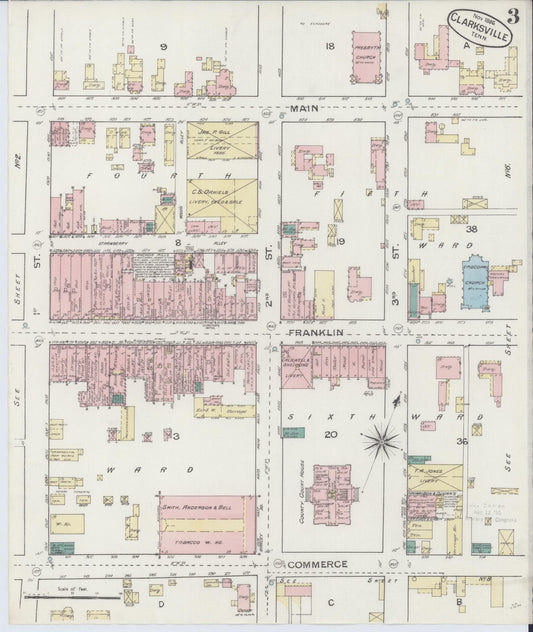 Sanborn Fire Insurance Map from Clarksville, Montgomery County, Tennessee (1888), Sheet #0003 - Historic Sanborn Fire Insurance Map Print, vintage old map wall art, antique decor, genealogy gift, Tennessee Tennessee map