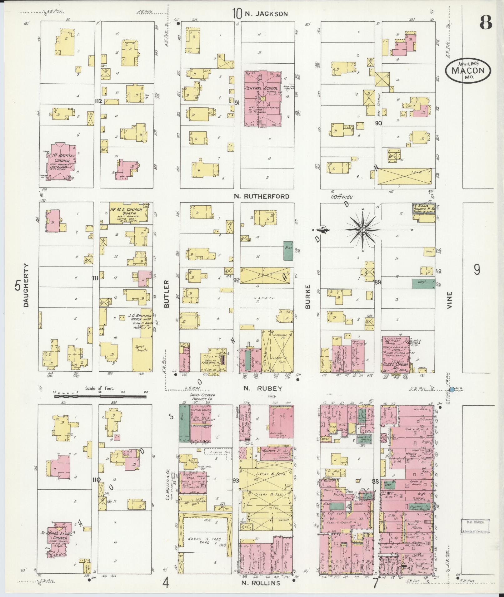 Sanborn Fire Insurance Map from Macon, Macon County, Missouri (1909), Sheet #0008 - Historic Sanborn Fire Insurance Map Print, vintage old map wall art, antique decor, genealogy gift, Missouri Missouri map