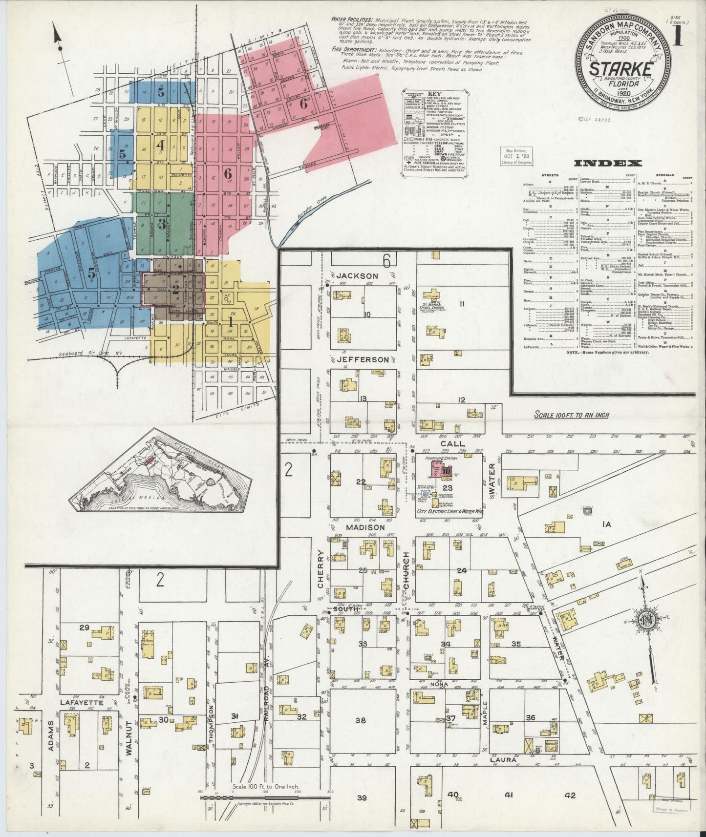 Sanborn Fire Insurance Map from Starke, Bradford County, Florida (1920), Sheet #0001 - Historic Sanborn Fire Insurance Map Print, vintage old map wall art, antique decor, genealogy gift, Florida Florida map