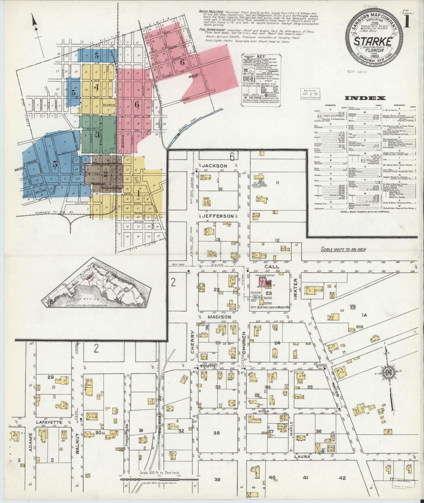 Sanborn Fire Insurance Map from Starke, Bradford County, Florida (1920), Sheet #0001 - Historic Sanborn Fire Insurance Map Print, vintage old map wall art, antique decor, genealogy gift, Florida Florida map