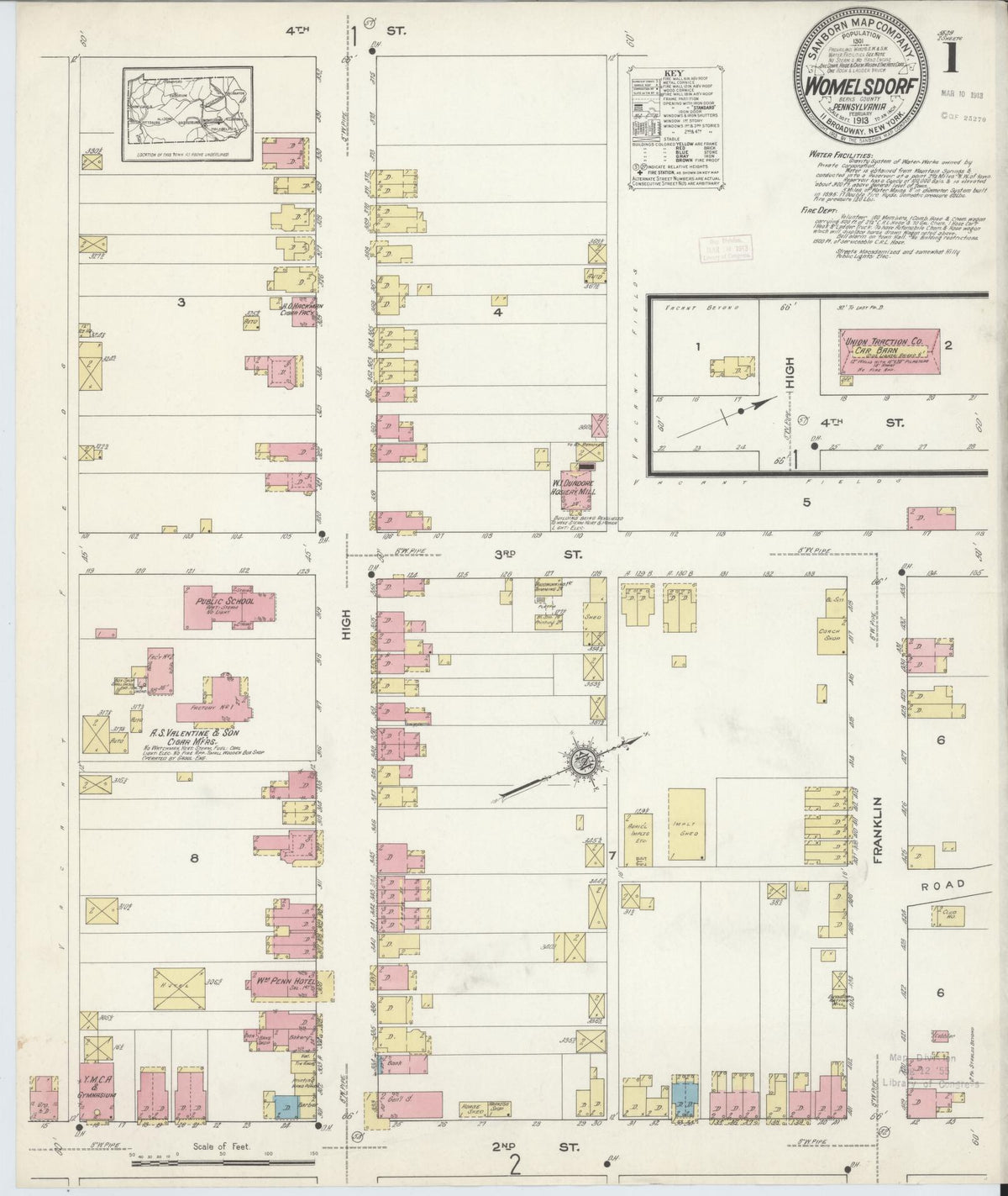 Sanborn Fire Insurance Map from Womelsdorf, Berks County, Pennsylvania (1913), Sheet #0001 - Historic Sanborn Fire Insurance Map Print, vintage old map wall art, antique decor, genealogy gift, Pennsylvania Pennsylvania map