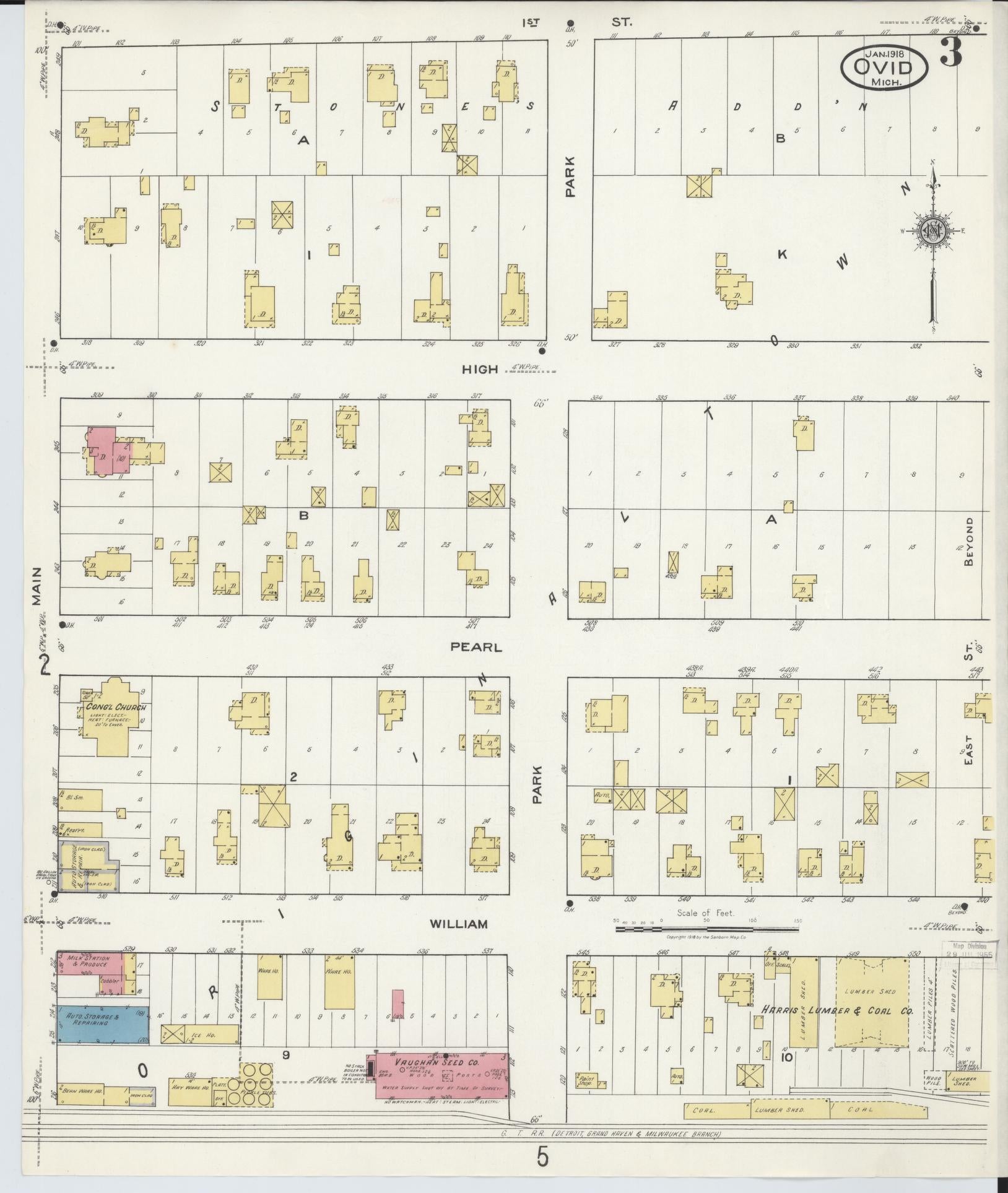 Sanborn Fire Insurance Map from Ovid, Clinton County, Michigan (1918), Sheet #0003 - Complete Map Set gallery image, historic Sanborn map, vintage wall art, Michigan Michigan