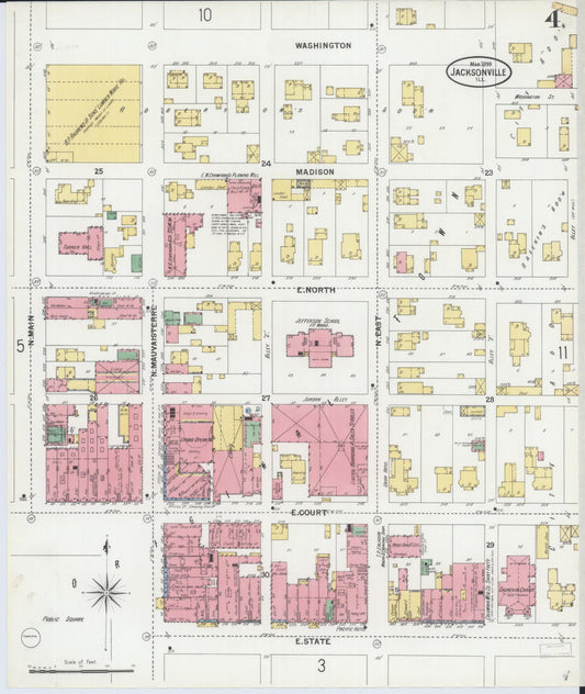 Sanborn Fire Insurance Map from Jacksonville, Morgan County, Illinois (1899), Sheet #0004 - Historic Sanborn Fire Insurance Map Print, vintage old map wall art, antique decor, genealogy gift, Illinois Illinois map
