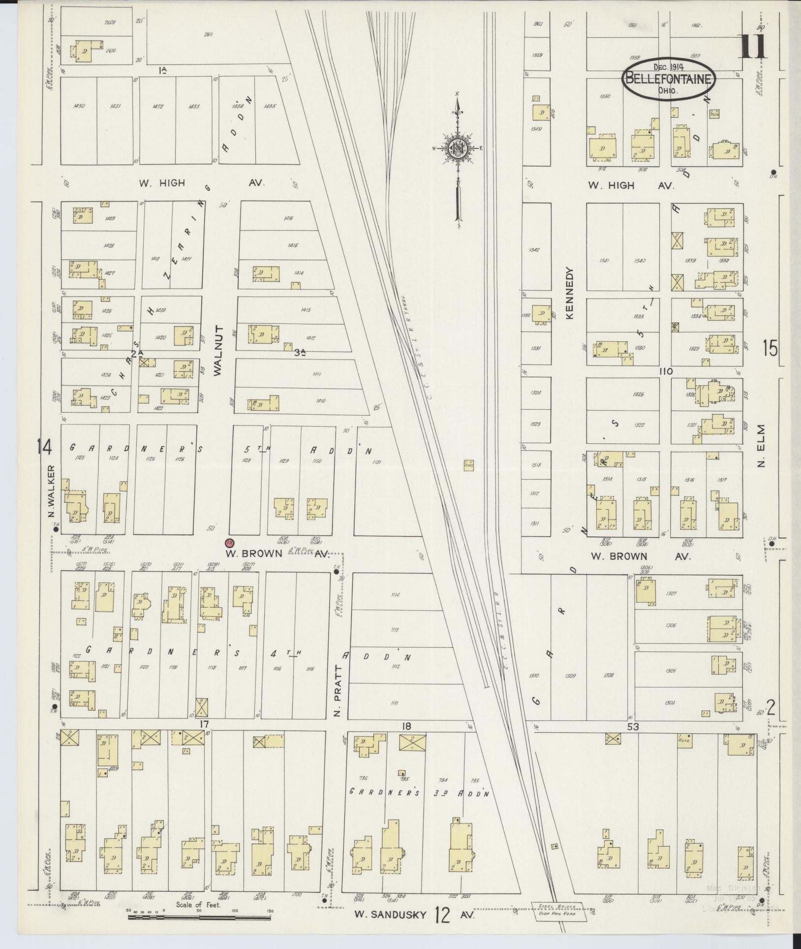 Sanborn Fire Insurance Map from Bellefontaine, Logan County, Ohio (1914), Sheet #0011 - Historic Sanborn Fire Insurance Map Print, vintage old map wall art, antique decor, genealogy gift, Ohio Ohio map