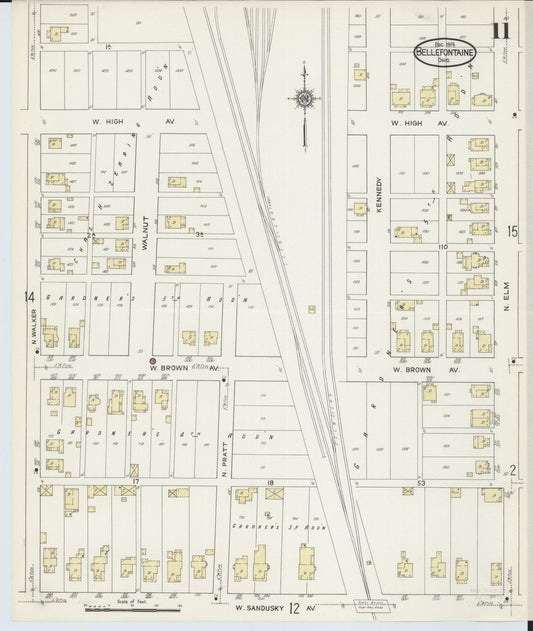 Sanborn Fire Insurance Map from Bellefontaine, Logan County, Ohio (1914), Sheet #0011 - Historic Sanborn Fire Insurance Map Print, vintage old map wall art, antique decor, genealogy gift, Ohio Ohio map