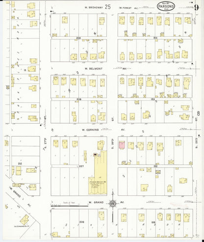 Sanborn Fire Insurance Map from Parsons, Labette County, Kansas (1911), Sheet #0009 - Complete Map Set gallery image, historic Sanborn map, vintage wall art, Kansas Kansas