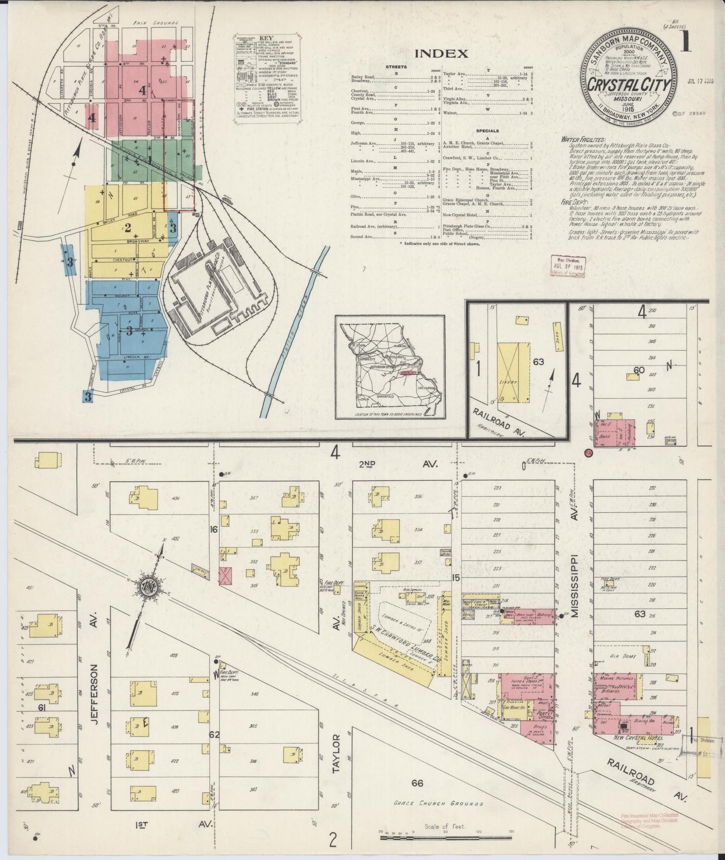Sanborn Fire Insurance Map from Crystal City, Jefferson County, Missouri (1915), Sheet #0001 - Complete Map Set gallery image, historic Sanborn map, vintage wall art, Missouri Missouri