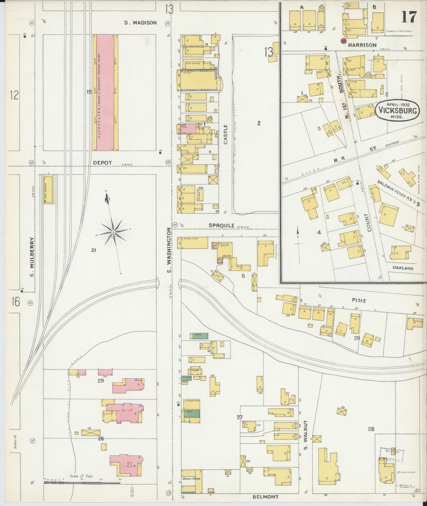 Sanborn Fire Insurance Map from Vicksburg, Warren County, Mississippi (1902), Sheet #0017 - Complete Map Set gallery image, historic Sanborn map, vintage wall art, Mississippi Mississippi