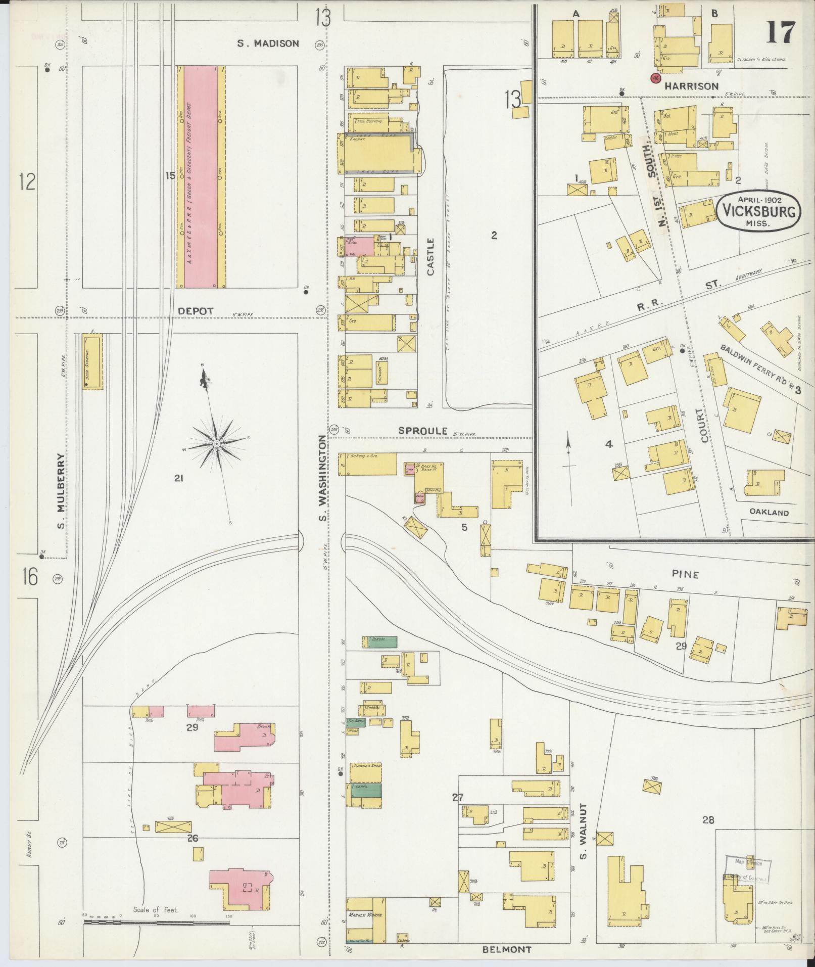 Sanborn Fire Insurance Map from Vicksburg, Warren County, Mississippi (1902), Sheet #0017 - Complete Map Set gallery image, historic Sanborn map, vintage wall art, Mississippi Mississippi