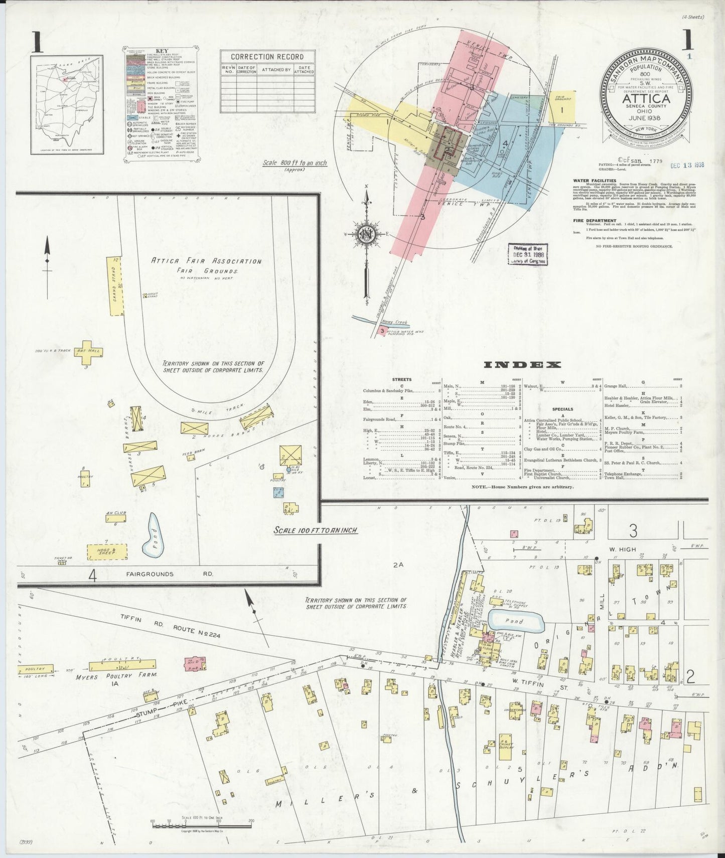 Sanborn Fire Insurance Map from Attica, Seneca County, Ohio (1938), Sheet #0001 - Historic Sanborn Fire Insurance Map Print, vintage old map wall art, antique decor, genealogy gift, Ohio Ohio map