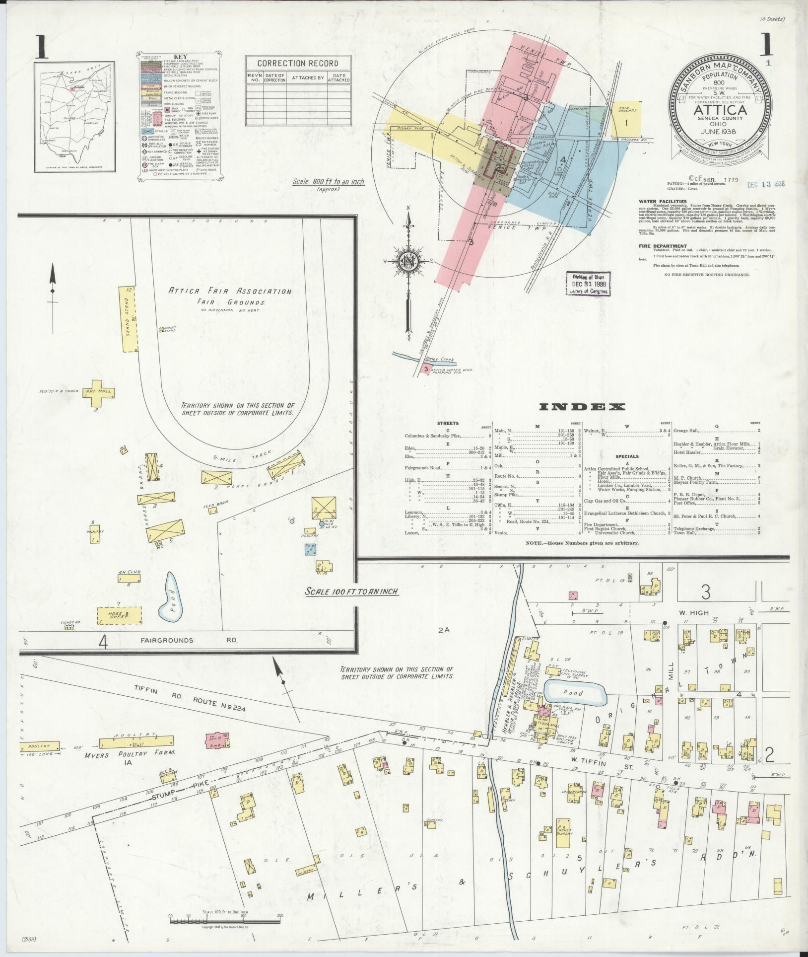 Sanborn Fire Insurance Map from Attica, Seneca County, Ohio (1938), Sheet #0001 - Historic Sanborn Fire Insurance Map Print, vintage old map wall art, antique decor, genealogy gift, Ohio Ohio map