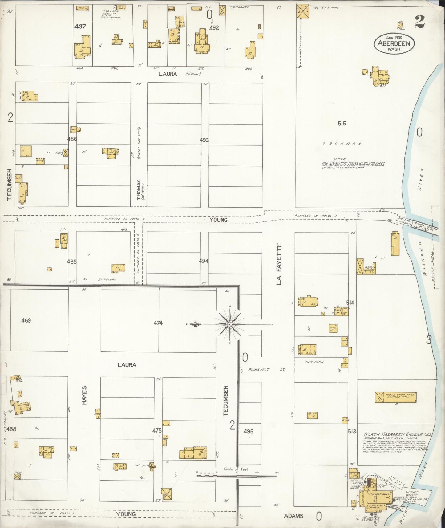 Sanborn Fire Insurance Map from Aberdeen, Grays Harbor County, Washington (1906), Sheet #0002 - Complete Map Set gallery image, historic Sanborn map, vintage wall art, Washington Washington