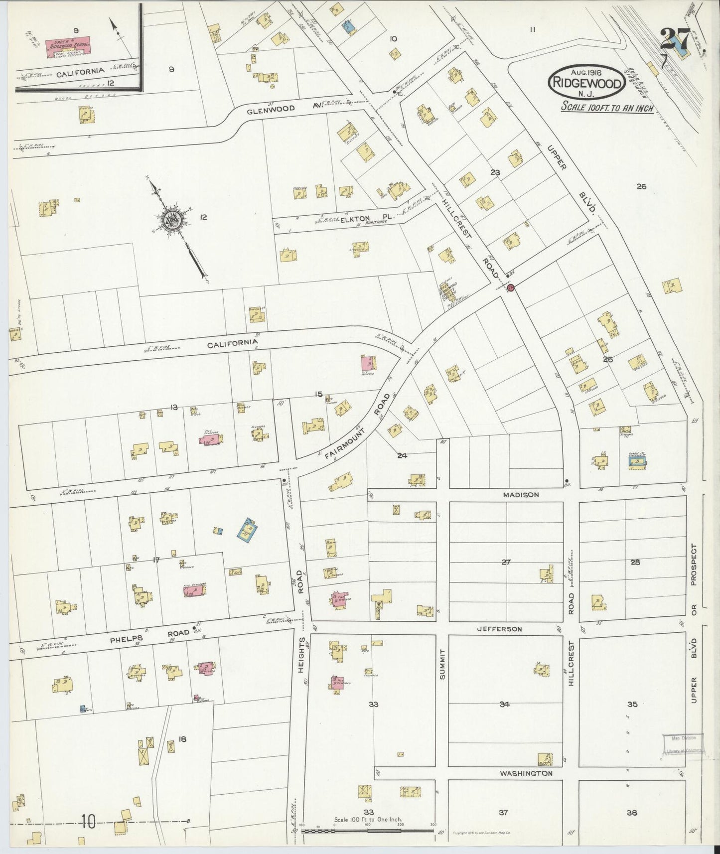 Sanborn Fire Insurance Map from Ridgewood, Bergen County, New Jersey (1916), Sheet #0027 - Complete Map Set gallery image, historic Sanborn map, vintage wall art, New Jersey New Jersey