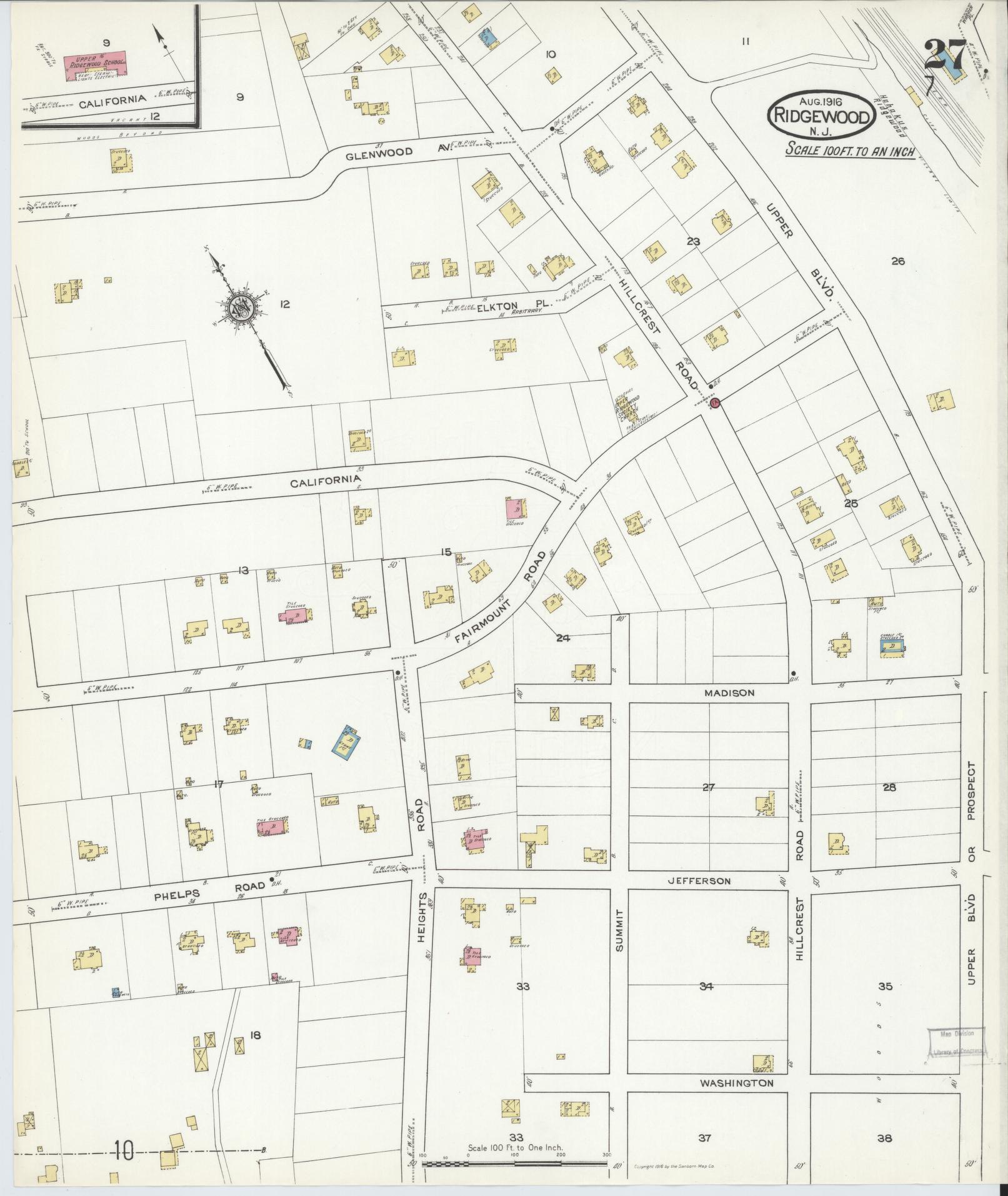 Sanborn Fire Insurance Map from Ridgewood, Bergen County, New Jersey (1916), Sheet #0027 - Complete Map Set gallery image, historic Sanborn map, vintage wall art, New Jersey New Jersey