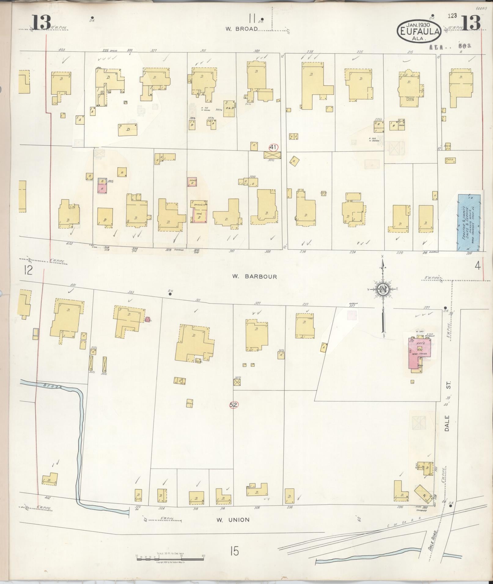 Sanborn Fire Insurance Map from Eufaula, Barbour County, Alabama (1950), Sheet #0013 - Historic Sanborn Fire Insurance Map Print, vintage old map wall art, antique decor, genealogy gift, Alabama Alabama map