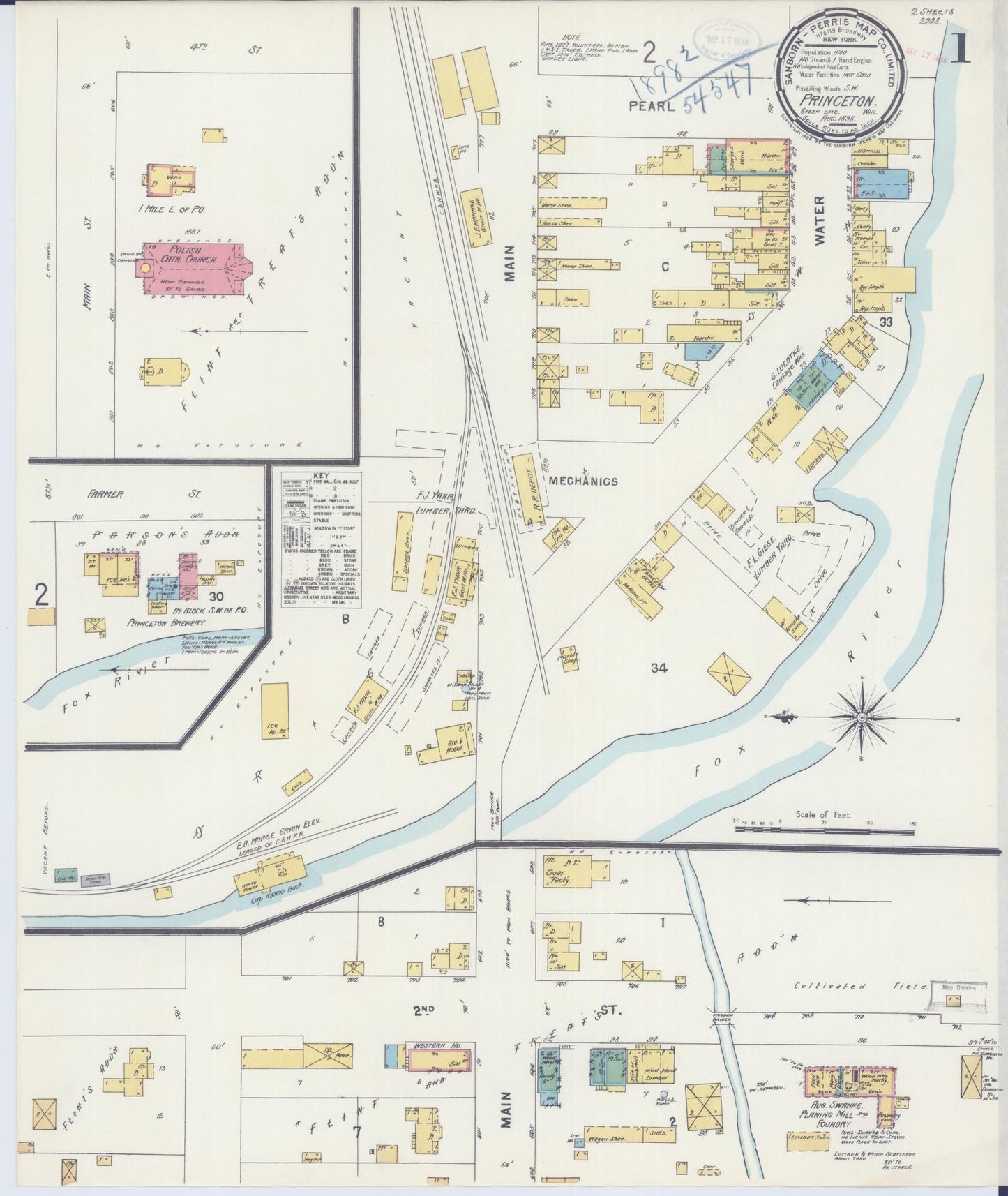 Sanborn Fire Insurance Map from Princeton, Green Lake County, Wisconsin (1898), Sheet #0001 - Complete Map Set gallery image, historic Sanborn map, vintage wall art, Wisconsin Wisconsin