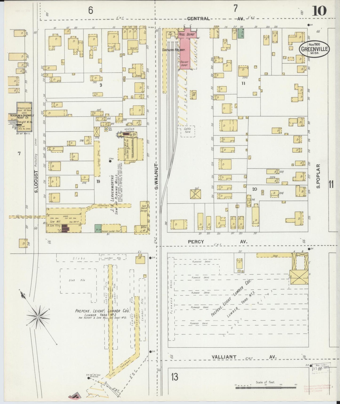 Sanborn Fire Insurance Map from Greenville, Washington County, Mississippi (1900), Sheet #0010 - Complete Map Set gallery image, historic Sanborn map, vintage wall art, Mississippi Mississippi