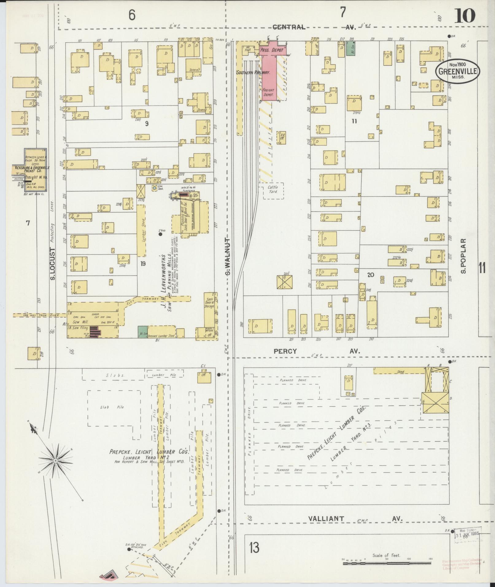 Sanborn Fire Insurance Map from Greenville, Washington County, Mississippi (1900), Sheet #0010 - Complete Map Set gallery image, historic Sanborn map, vintage wall art, Mississippi Mississippi