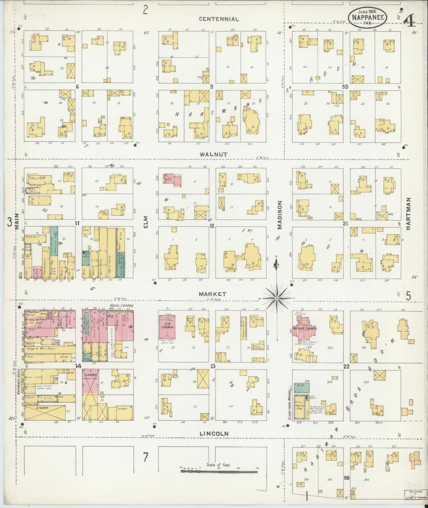 Sanborn Fire Insurance Map from Nappanee, Elkhart County, Indiana (1905), Sheet #0004 - Complete Map Set gallery image, historic Sanborn map, vintage wall art, Indiana Indiana