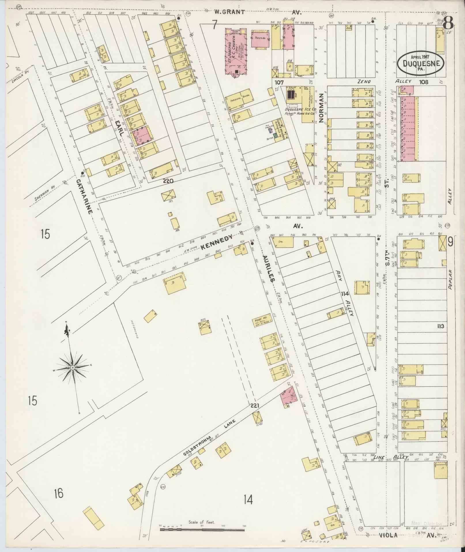 Sanborn Fire Insurance Map from Duquesne, Allegheny County, Pennsylvania (1907), Sheet #0008 - Historic Sanborn Fire Insurance Map Print, vintage old map wall art, antique decor, genealogy gift, Pennsylvania Pennsylvania map