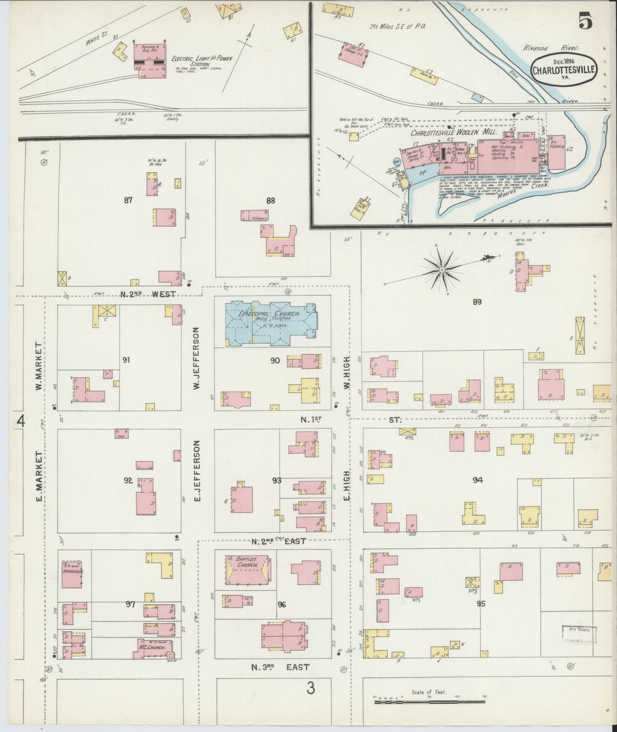 Sanborn Fire Insurance Map from Charlottesville, Independent Cities, Virginia (1896), Sheet #0005 - Historic Sanborn Fire Insurance Map Print, vintage old map wall art, antique decor, genealogy gift, Virginia Virginia map