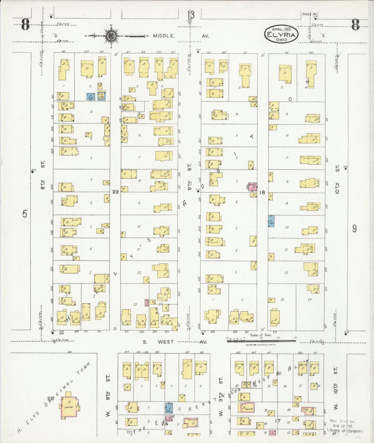 Sanborn Fire Insurance Map from Elyria, Lorain County, Ohio (1925), Sheet #0008 - Historic Sanborn Fire Insurance Map Print, vintage old map wall art, antique decor, genealogy gift, Ohio Ohio map
