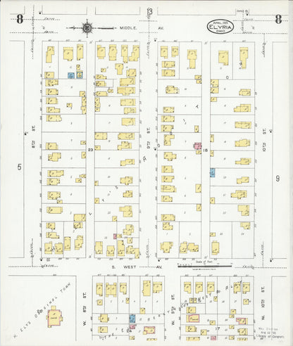 Sanborn Fire Insurance Map from Elyria, Lorain County, Ohio (1925), Sheet #0008 - Historic Sanborn Fire Insurance Map Print, vintage old map wall art, antique decor, genealogy gift, Ohio Ohio map