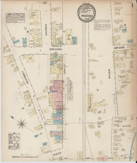 Sanborn Fire Insurance Map from Truckee, Nevada County, California (1885), Sheet #0001 - Historic Sanborn Fire Insurance Map Print, vintage old map wall art, antique decor, genealogy gift, Truckee Nevada map
