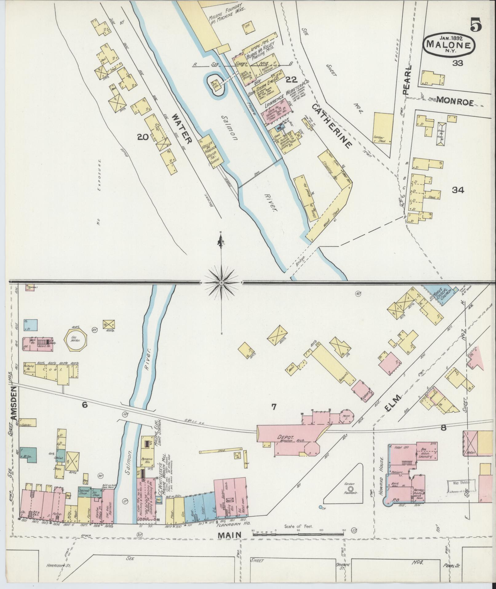 Sanborn Fire Insurance Map from Malone, Franklin County, New York (1892), Sheet #0005 - Historic Sanborn Fire Insurance Map Print, vintage old map wall art, antique decor, genealogy gift, New York New York map