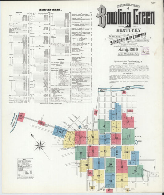 Sanborn Fire Insurance Map from Bowling Green, Warren County, Kentucky (1909), Sheet #0001 - Historic Sanborn Fire Insurance Map Print, vintage old map wall art, antique decor, genealogy gift, Kentucky Kentucky map