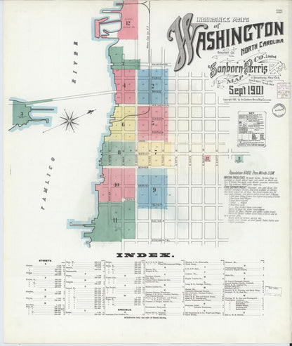 Sanborn Fire Insurance Map from Washington, Beaufort County, North Carolina (1901), Sheet #0001 - Historic Sanborn Fire Insurance Map Print, vintage old map wall art, antique decor, genealogy gift, North Carolina North Carolina map