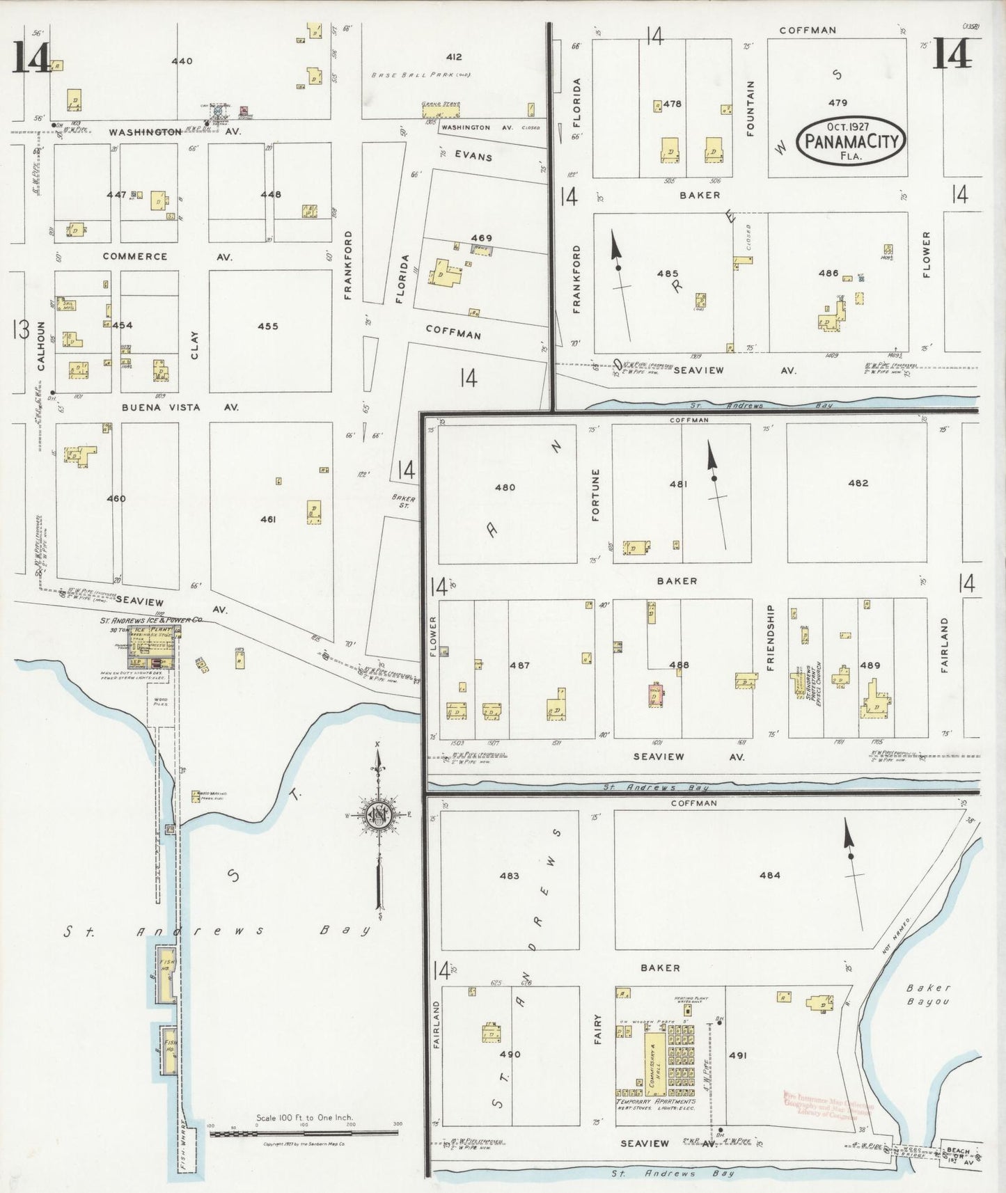 Sanborn Fire Insurance Map from Panama City, Bay County, Florida (1927), Sheet #0014 - Historic Sanborn Fire Insurance Map Print, vintage old map wall art, antique decor, genealogy gift, Florida Florida map