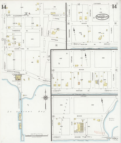 Sanborn Fire Insurance Map from Panama City, Bay County, Florida (1927), Sheet #0014 - Historic Sanborn Fire Insurance Map Print, vintage old map wall art, antique decor, genealogy gift, Florida Florida map