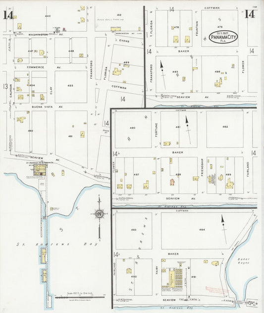 Sanborn Fire Insurance Map from Panama City, Bay County, Florida (1927), Sheet #0014 - Historic Sanborn Fire Insurance Map Print, vintage old map wall art, antique decor, genealogy gift, Florida Florida map