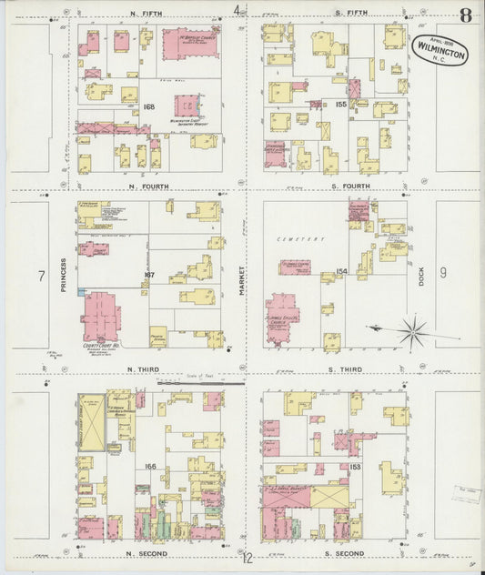 Sanborn Fire Insurance Map from Wilmington, New Hanover County, North Carolina (1898), Sheet #0008 - Historic Sanborn Fire Insurance Map Print, vintage old map wall art, antique decor, genealogy gift, North Carolina North Carolina map