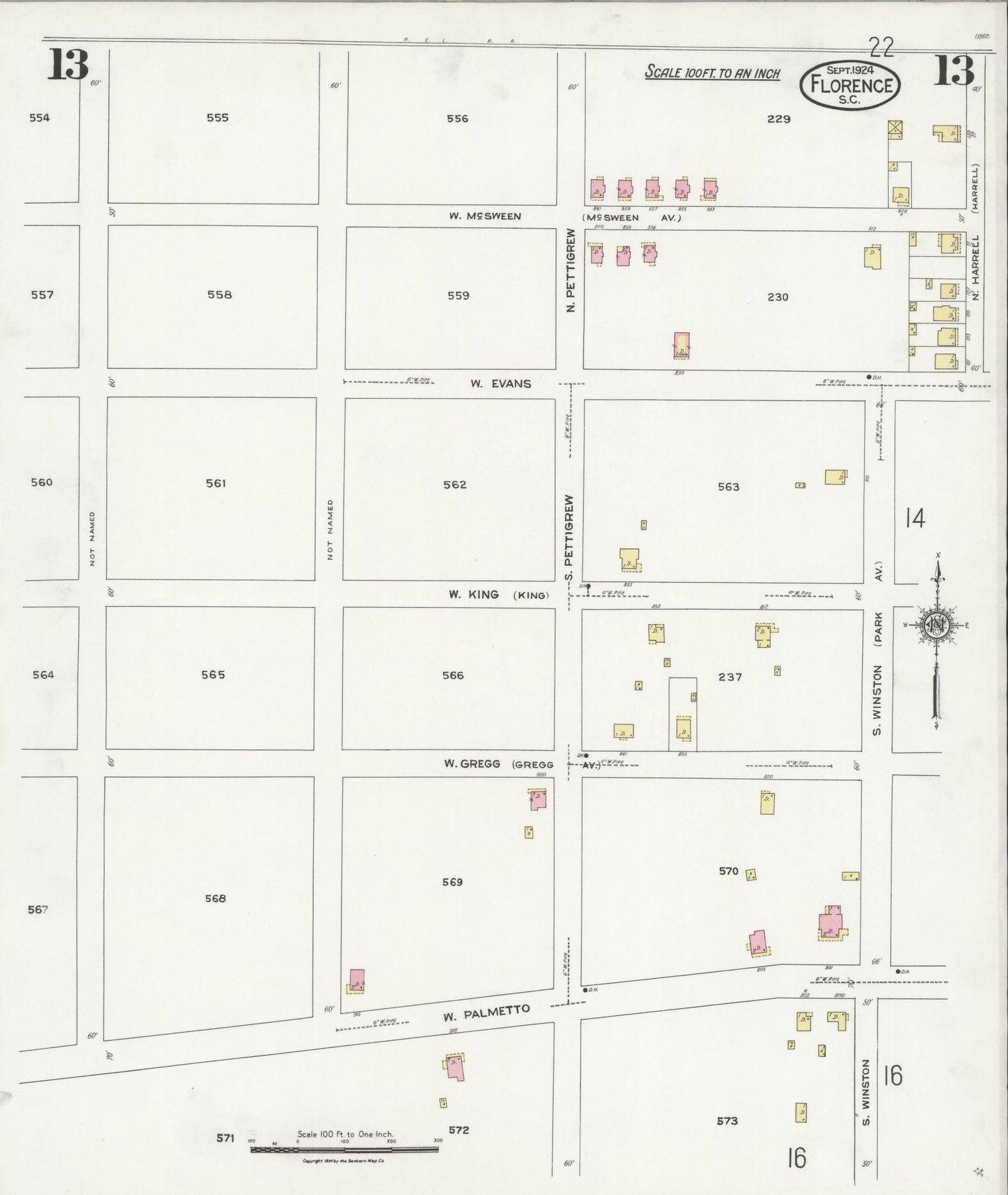 Sanborn Fire Insurance Map from Florence, Florence County, South Carolina (1924), Sheet #0013 - Complete Map Set gallery image, historic Sanborn map, vintage wall art, South Carolina South Carolina