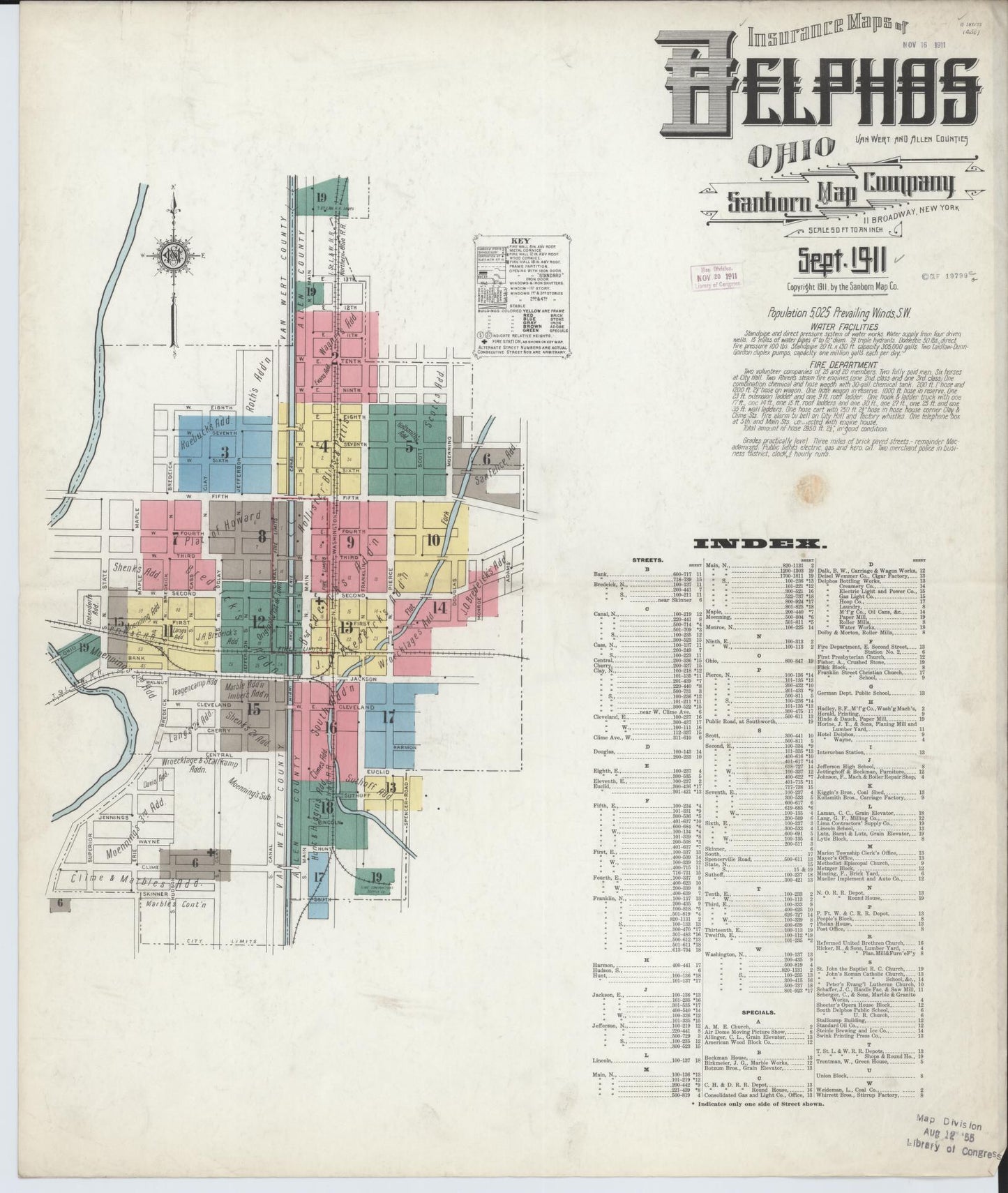 Sanborn Fire Insurance Map from Delphos, Van Wert And Allen Counties, Ohio (1911), Sheet #0001 - Historic Sanborn Fire Insurance Map Print, vintage old map wall art, antique decor, genealogy gift, Ohio Ohio map