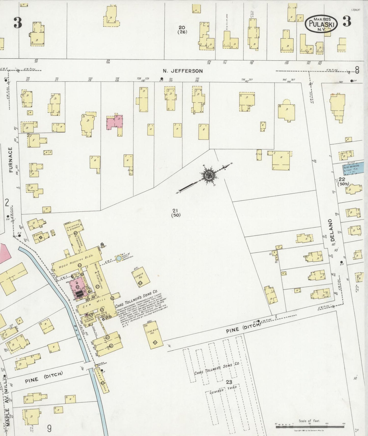 Sanborn Fire Insurance Map from Pulaski, Oswego County, New York (1925), Sheet #0003 - Historic Sanborn Fire Insurance Map Print, vintage old map wall art, antique decor, genealogy gift, New York New York map