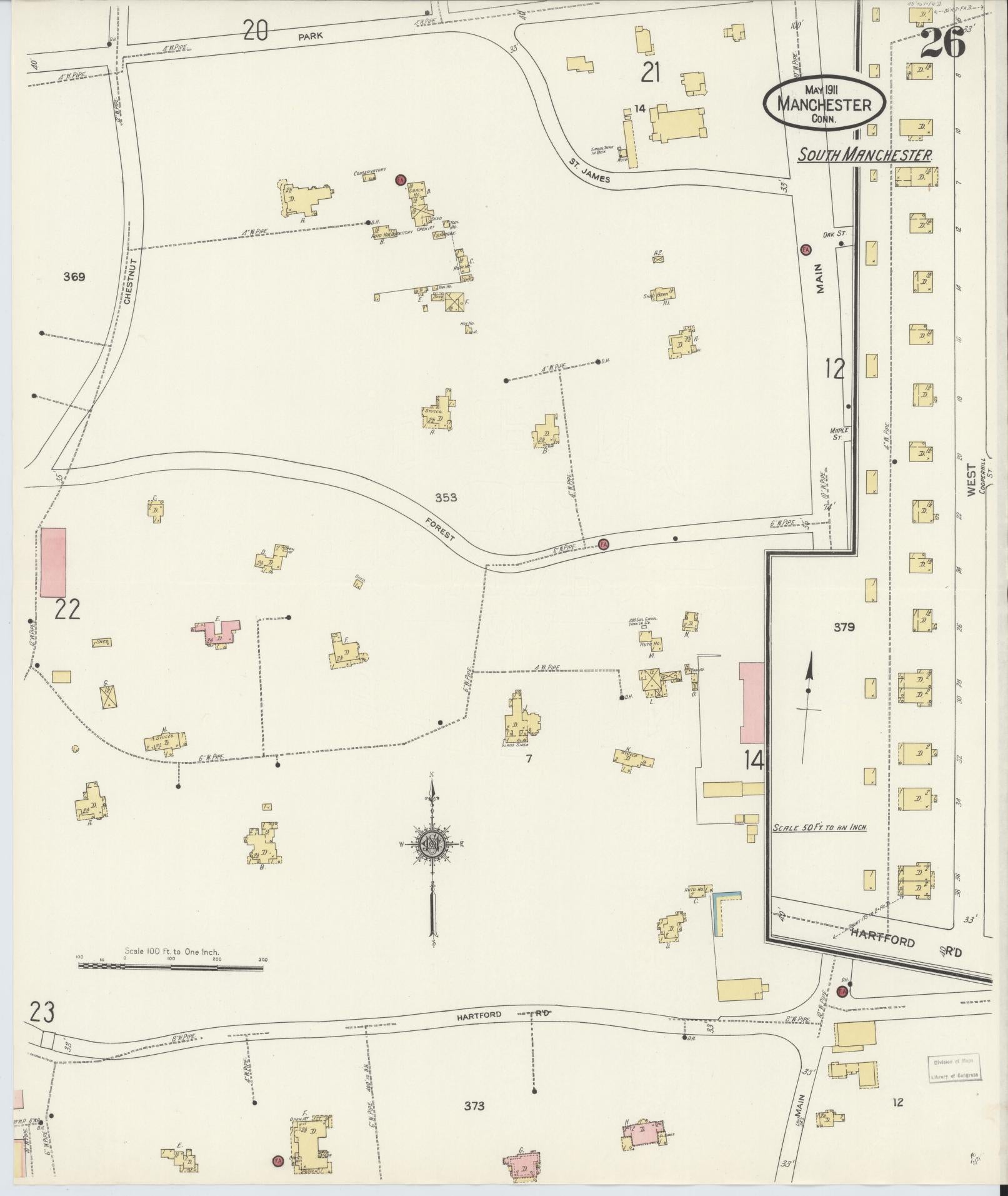 Sanborn Fire Insurance Map from Manchester, Hartford County, Connecticut (1911), Sheet #0026 - Complete Map Set gallery image, historic Sanborn map, vintage wall art, Connecticut Connecticut