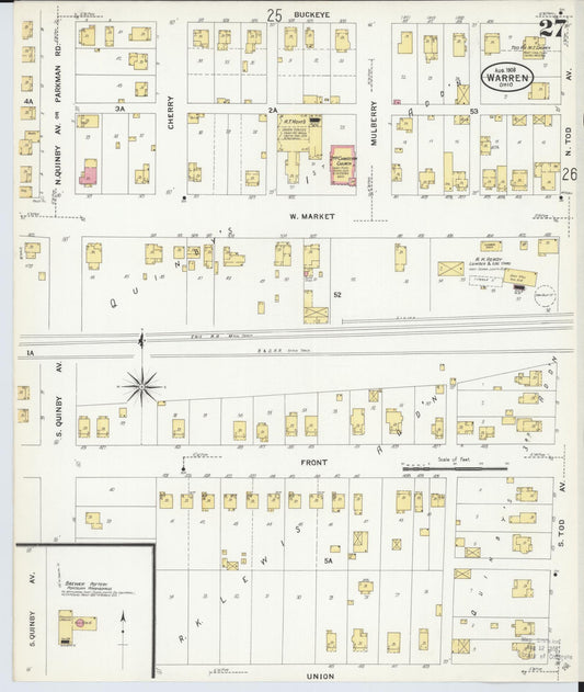 Sanborn Fire Insurance Map from Warren, Trumbull County, Ohio (1908), Sheet #0027 - Historic Sanborn Fire Insurance Map Print, vintage old map wall art, antique decor, genealogy gift, Ohio Ohio map