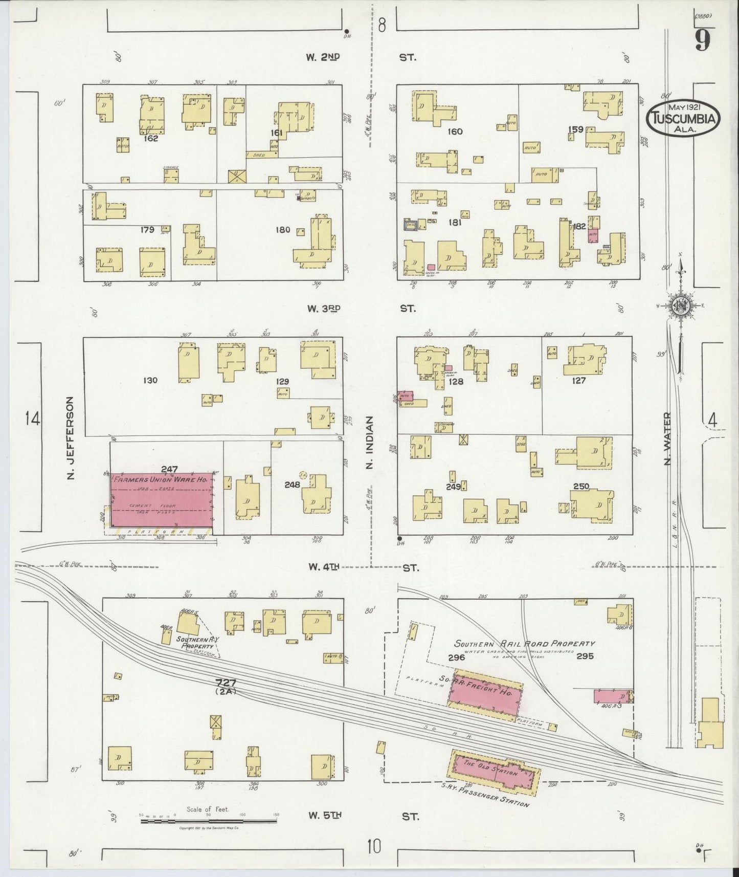 Sanborn Fire Insurance Map from Tuscumbia, Colbert County, Alabama (1921), Sheet #0009 - Complete Map Set gallery image, historic Sanborn map, vintage wall art, Alabama Alabama
