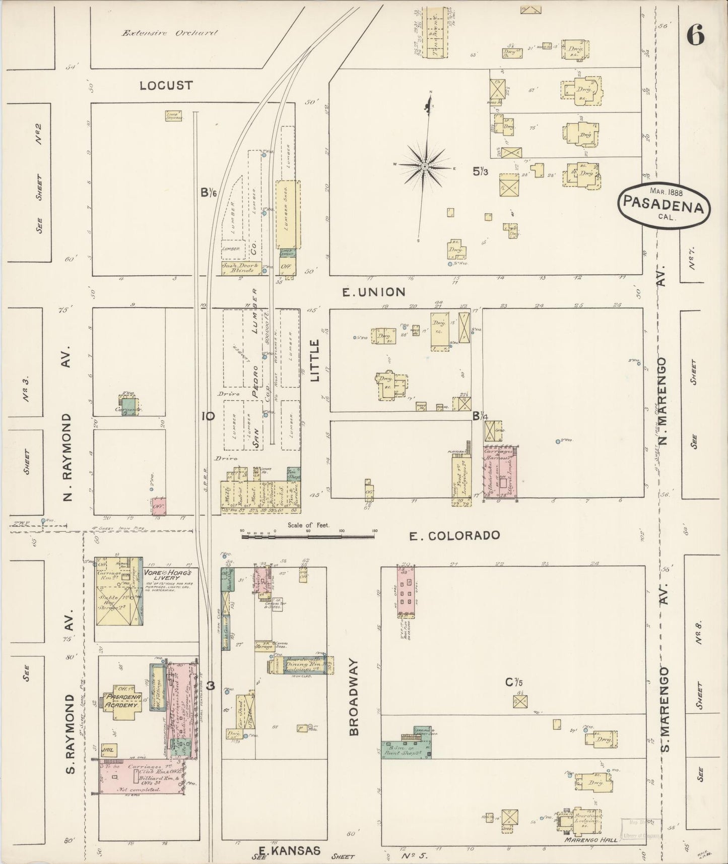Sanborn Fire Insurance Map from Pasadena, Los Angeles County, California (1888), Sheet #0006 - Complete Map Set gallery image, historic Sanborn map, vintage wall art, California California