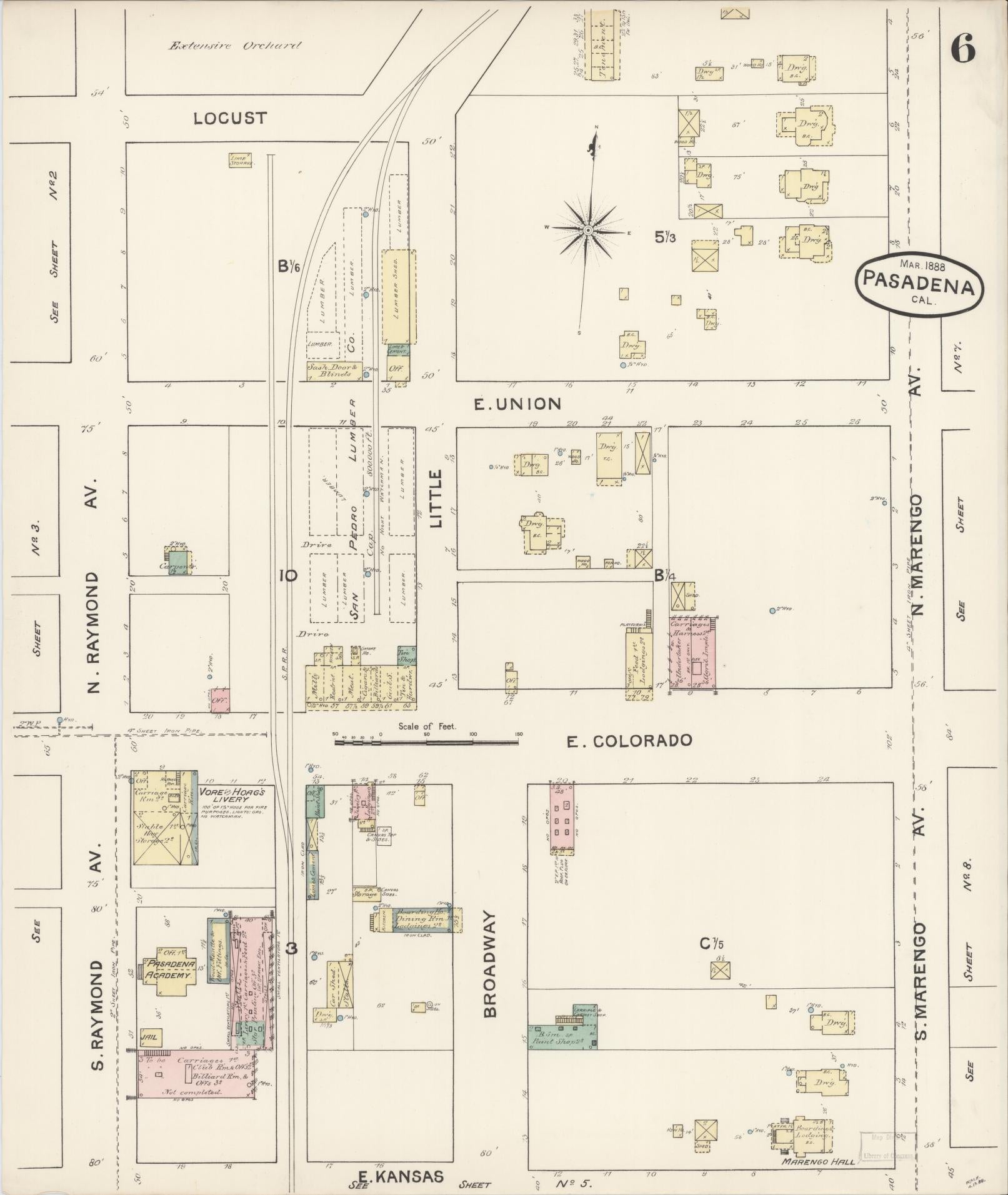 Sanborn Fire Insurance Map from Pasadena, Los Angeles County, California (1888), Sheet #0006 - Complete Map Set gallery image, historic Sanborn map, vintage wall art, California California