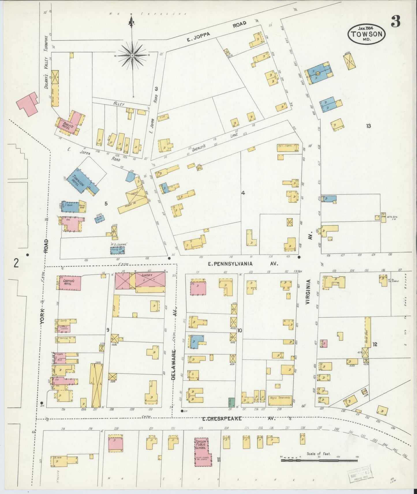 Sanborn Fire Insurance Map from Towson, Baltimore County, Maryland (1904), Sheet #0003 - Historic Sanborn Fire Insurance Map Print, vintage old map wall art, antique decor, genealogy gift, Maryland Maryland map