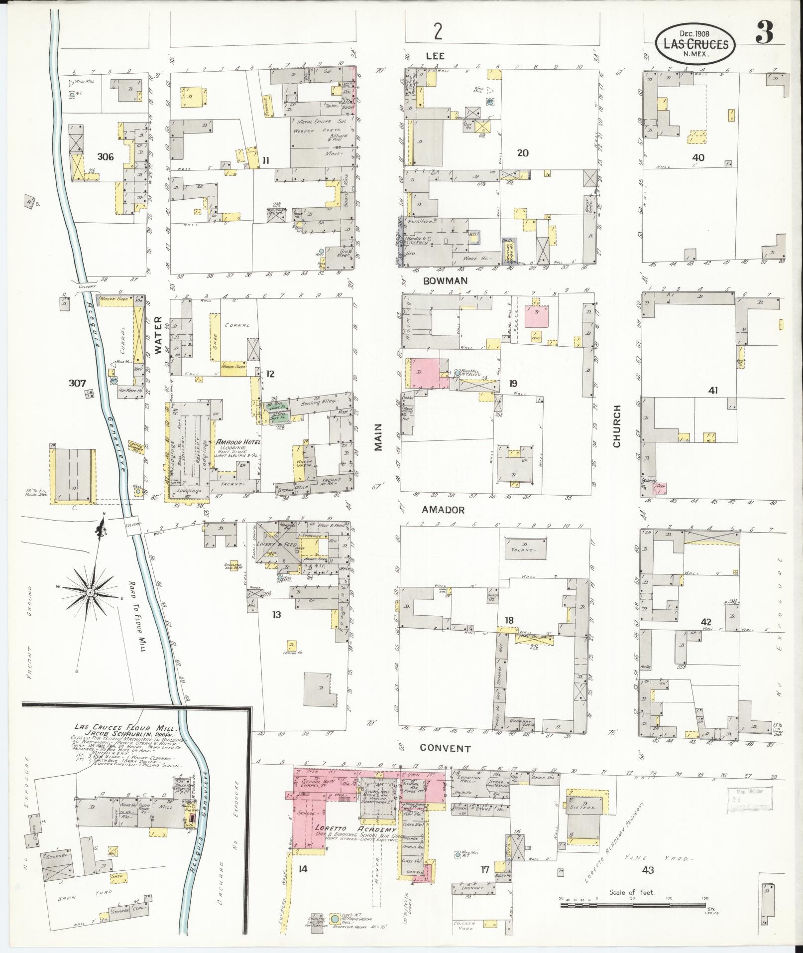Sanborn Fire Insurance Map from Las Cruces, Dona Ana County, New Mexico (1908), Sheet #0003 - Complete Map Set gallery image, historic Sanborn map, vintage wall art, New Mexico New Mexico
