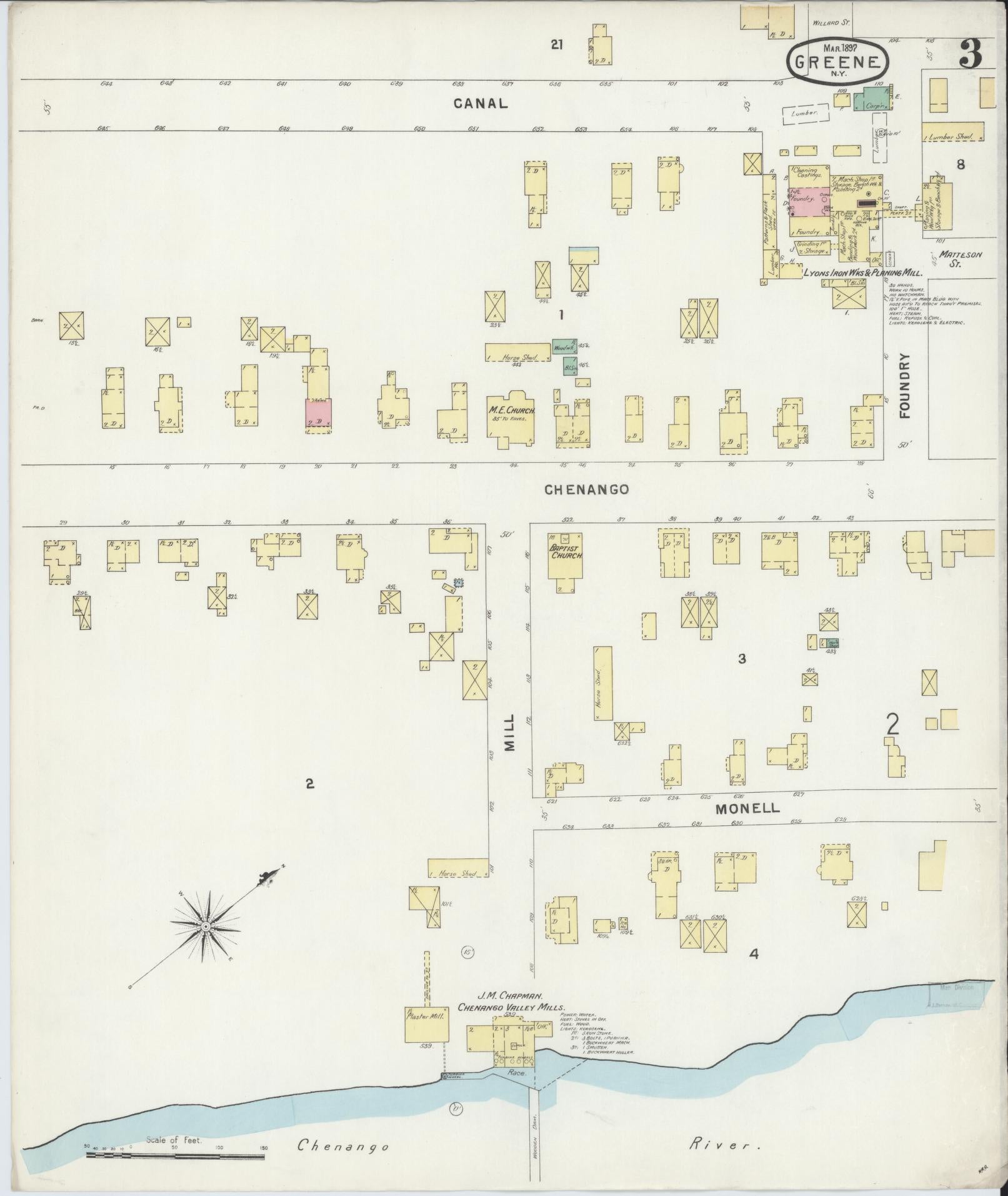 Sanborn Fire Insurance Map from Greene, Chenango County, New York (1897), Sheet #0003 - Complete Map Set gallery image, historic Sanborn map, vintage wall art, New York New York