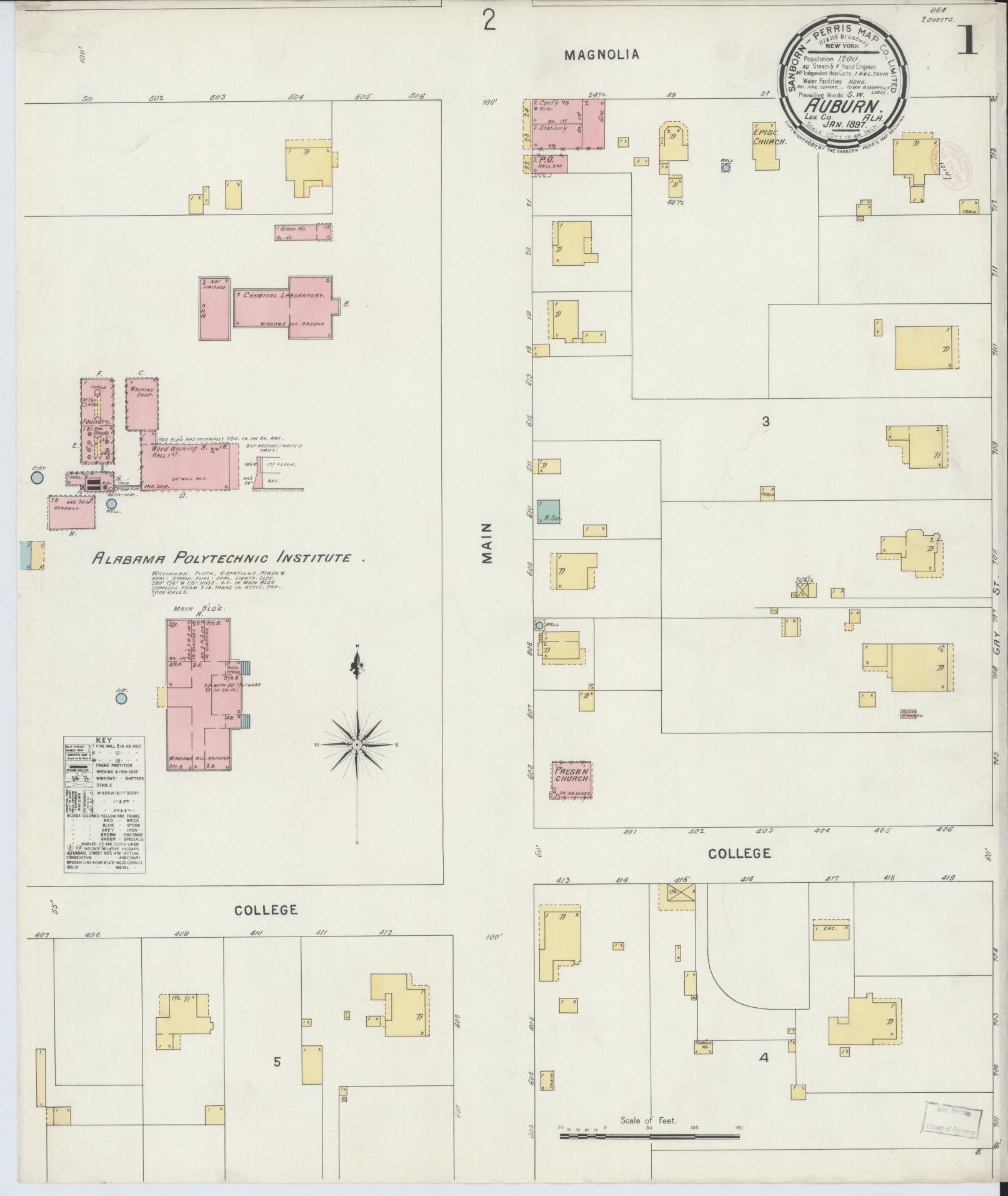 Sanborn Fire Insurance Map from Auburn, Lee County, Alabama (1897), Sheet #0001 - Complete Map Set gallery image, historic Sanborn map, vintage wall art, Alabama Alabama