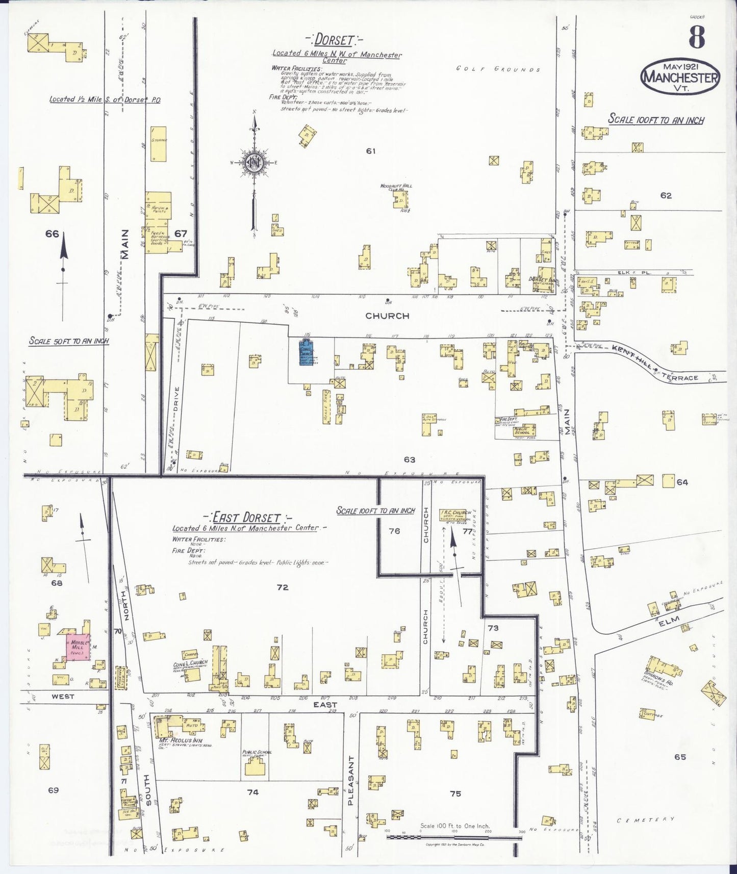 Sanborn Fire Insurance Map from Manchester, Bennington County, Vermont (1921), Sheet #0008 - Complete Map Set gallery image, historic Sanborn map, vintage wall art, Vermont Vermont